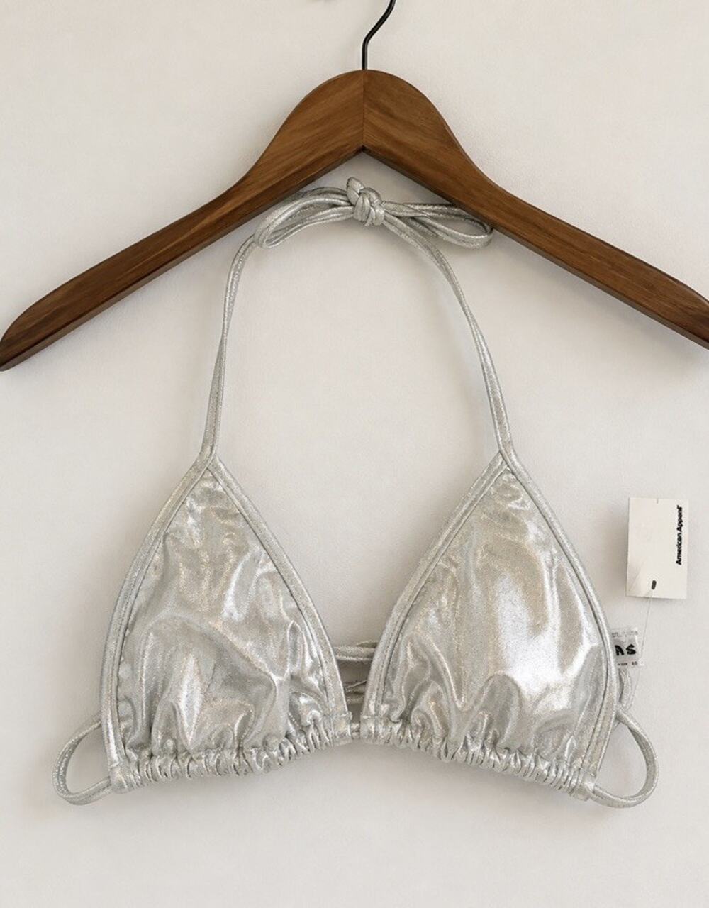 American Apparel Shiny Triangle Bikini Top Silver Metallic S New Y2K